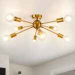 Gold Ceiling Light Fixture, 8 Lights Plating Golden Sputnik Semi Flush Mount Ceiling Lights, Brass Chandelier Kitchen Mid Century Lighting Fixture for Living Dining Room Bedroom Hallway