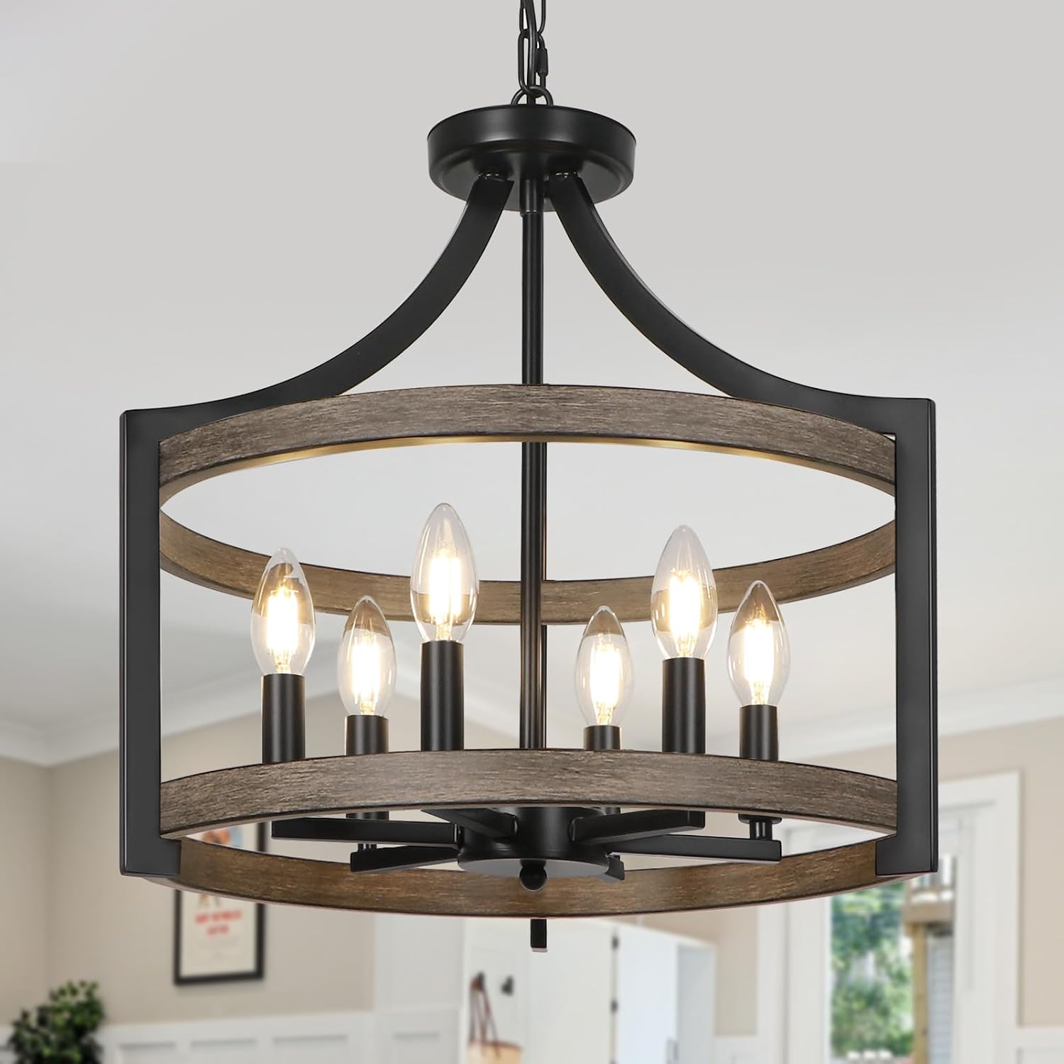 61L64nvDoJL._AC_SL1500_ 6-Light Farmhouse Chandelier Rustic Semi Flush Mount Ceiling Light, Convertible Hanging Dining Room Light Fixture Over Table, Cage Metal Chandeliers for Entryway Kitchen Foyer Lighting - 图片 1
