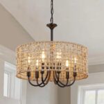 17.7" Black Rattan Boho Chandeliers Light Fixtures, 6-Light Farmhouse Hand-Woven Pendant Light with Wicker Shade, Vintage Coastal Hanging Light for Dining Room Living Room Kitchen Hallway