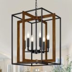 6-Light Modern Farmhouse Chandelier for Dining Room, 18.1'' Rustic Black Faux Wood Finish Lantern Chandelier, Adjustable Metal Pendant Light Fixture for Foyer, Kitchen, Entryway, Hallway