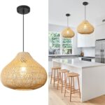 Rattan Pendant Light, Large Boho Light Fixture for Kitchen Island, Black & Natural Hand Woven Coastal Wicker Chandelier Modern Hanging Light Fixtures for Dining Living Room Foyer Entryway