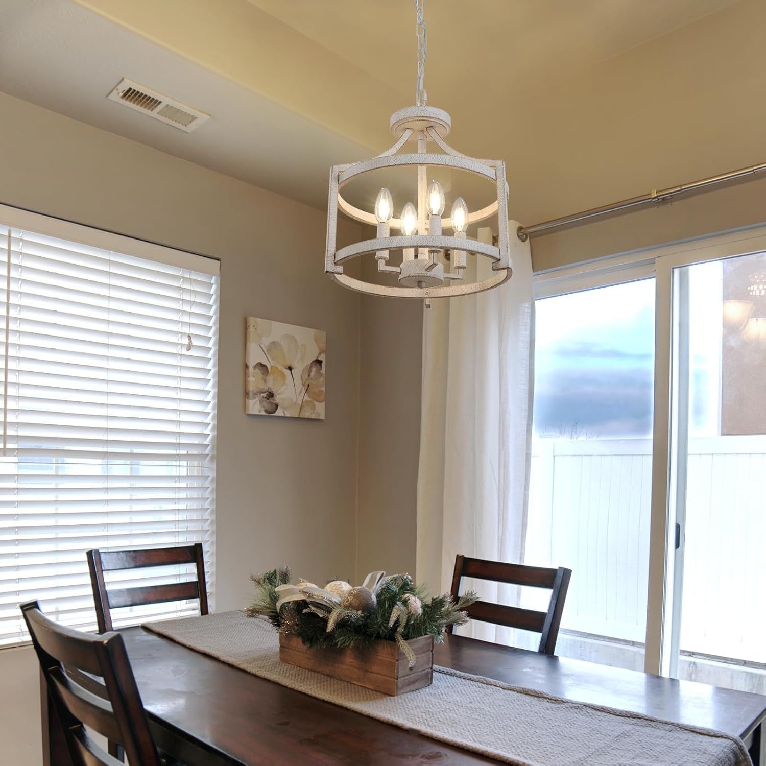 71wnFj4XMIL._AC_SL1500_ 4-Light Farmhouse Chandelier, Distressed Hanging Pendant Lighting, Convertible Semi Flush Mount Ceiling Light Fixture Vintage White Metal Chandeliers for Dining Room Kitchen Foyer Entryway - 图片 1