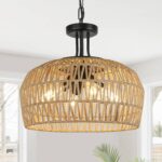 18" Farmhouse Rattan Chandelier, 4-Light Boho Pendant Light Fixture