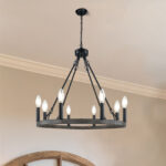 Farmhouse Wagon Wheel Chandelier, 8 Lights Modern Rustic Round Chandeliers, Metal Wagon Wheel Light Fixture for Dining Room Entryway Living Room Foyer Bedroom, Black Faux Wood Finish