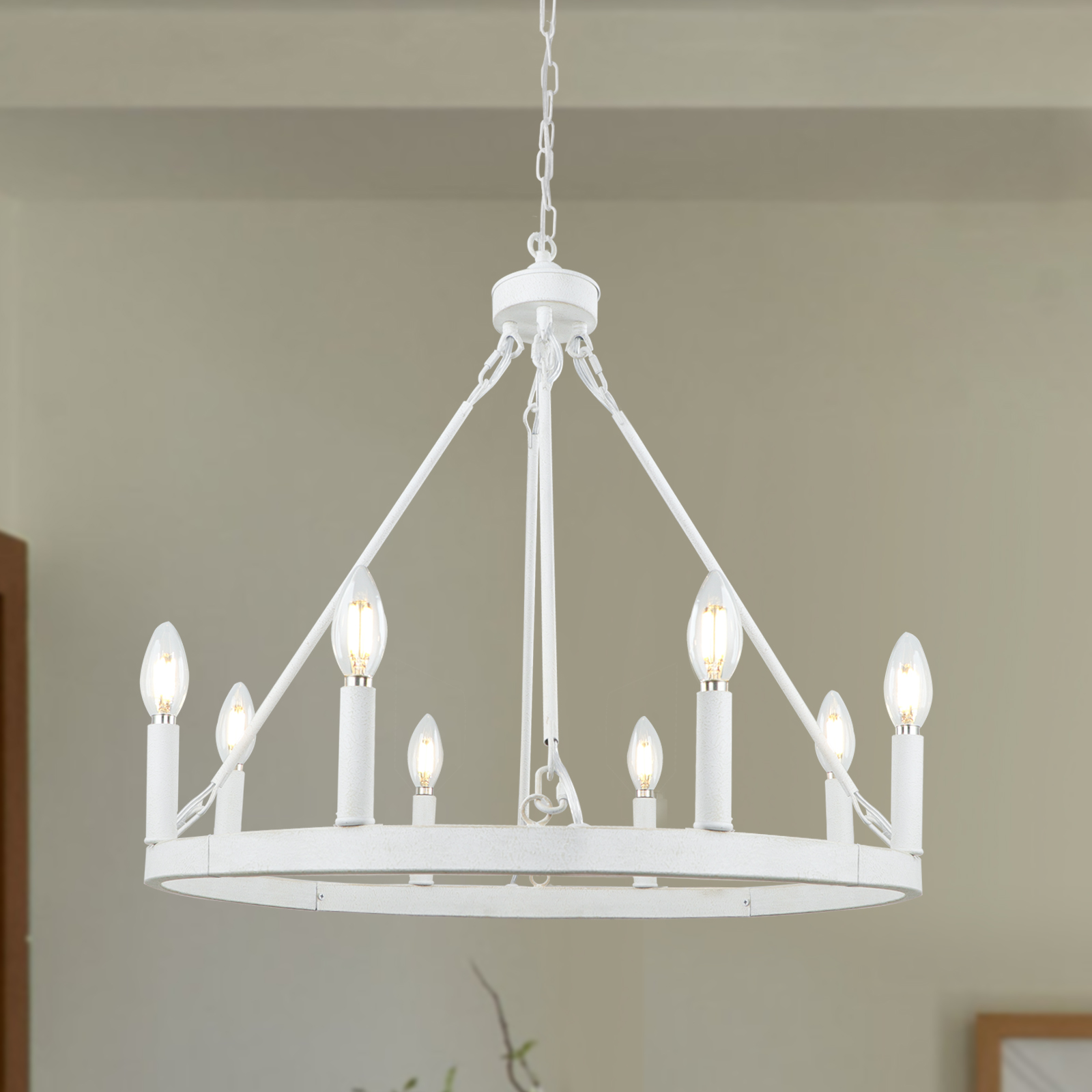 D0126-8-D-1 White Wagon Wheel Chandelier, 8-Light Farmhouse Chandeliers for Dining Room, Modern Rustic Round Wagon Wheel Light Fixture for Kitchen Entryway Foyer Hallway - 图片 1