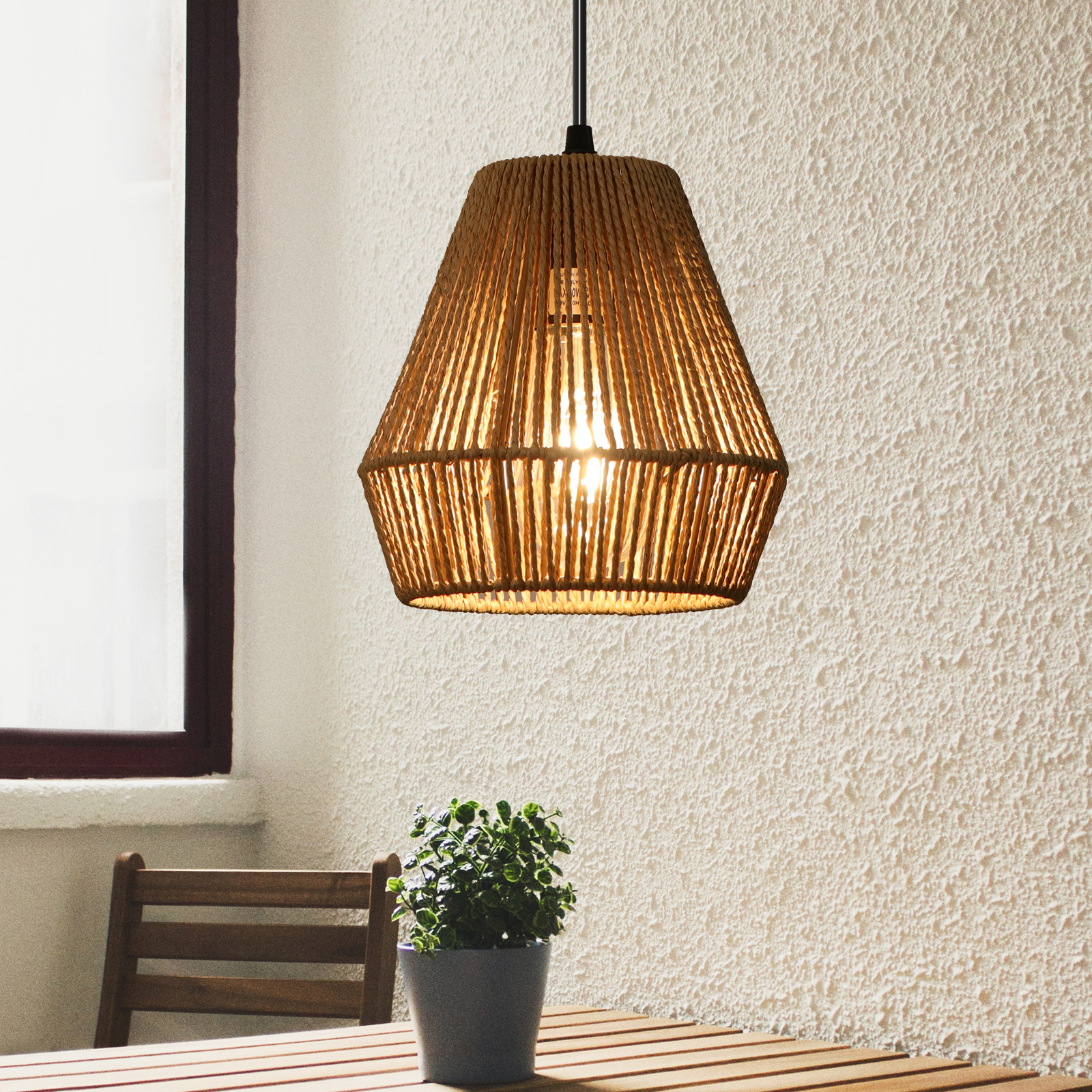 D5047M-1-2-UL (8) 12“ Boho Rattan Pendant Light with Rod Hanging, Farmhouse Coastal Wicker Pendant Light - Image 1