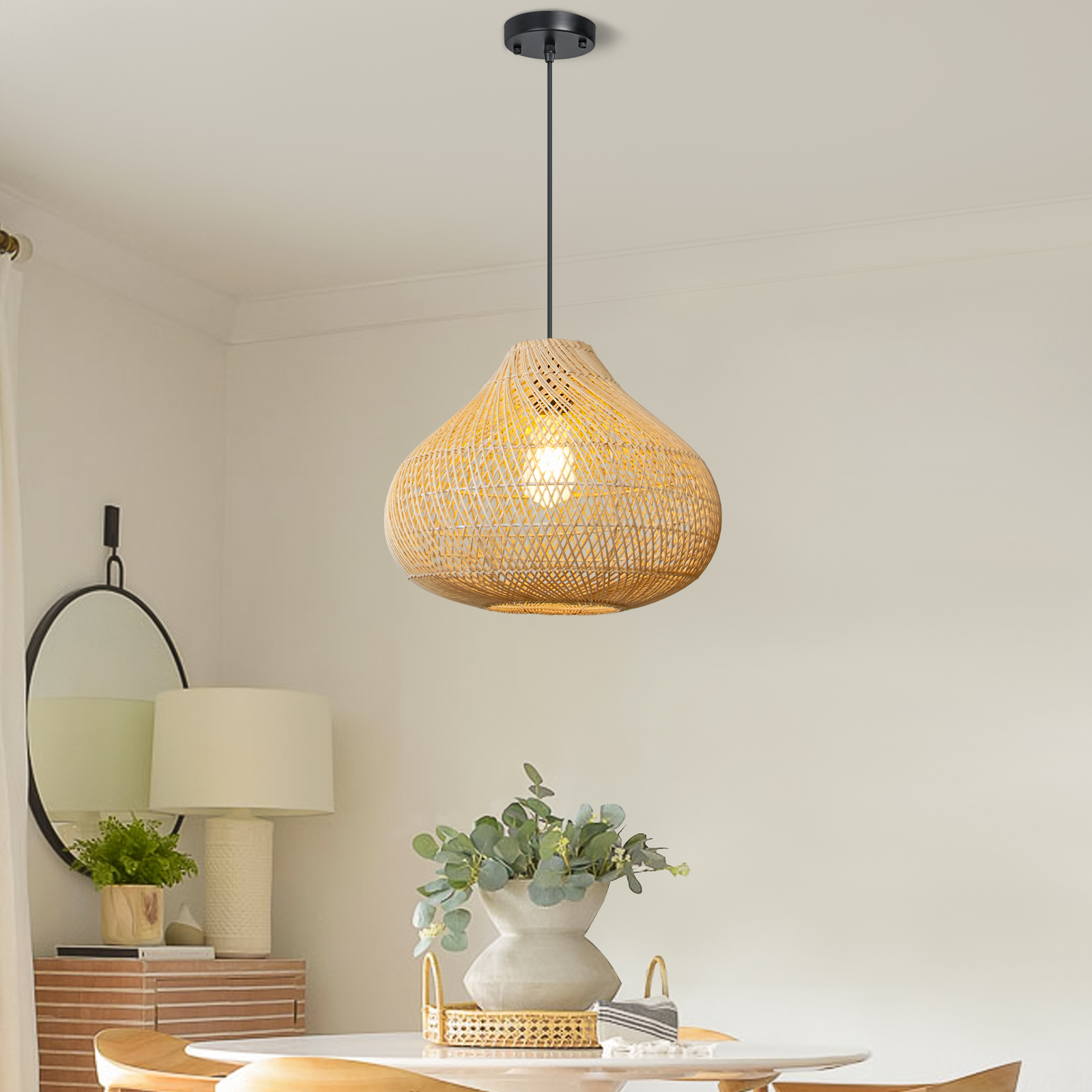 D9007-1-B+N-UL (9) 1 - Light Unique/Statement Pendant Rattan Boho 15.74'' Large Kitchen Island Wicker Chandelier Hand Woven Farmhouse Fixture for Dining Room Foyer Entryway Bedroom Hallway - 图片 1