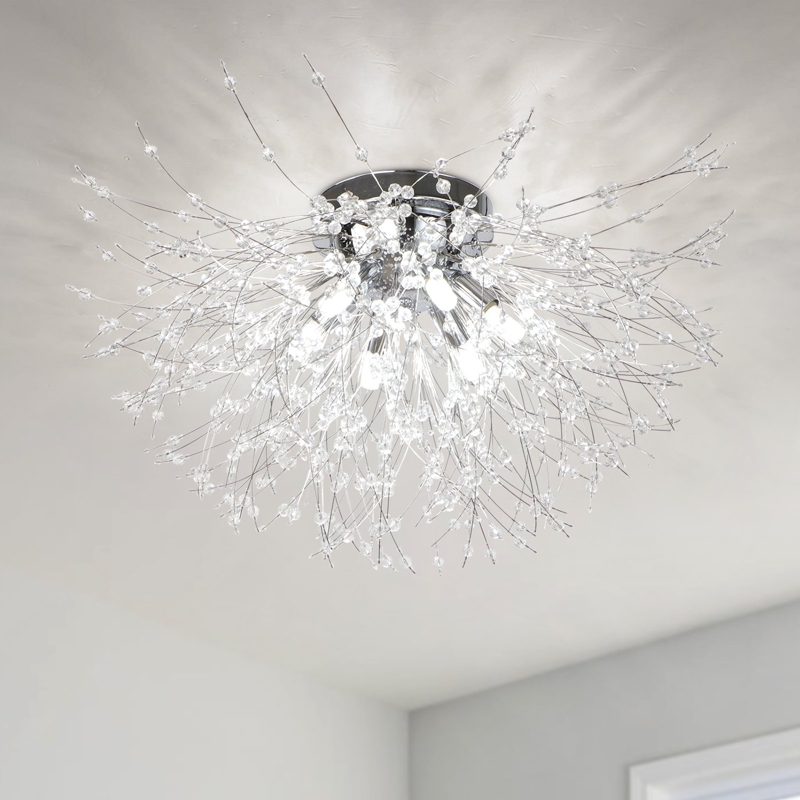 X0080-6-C (9) 6-Light Chrome Modern Crystal Fireworks Ceiling Light - 图片 1